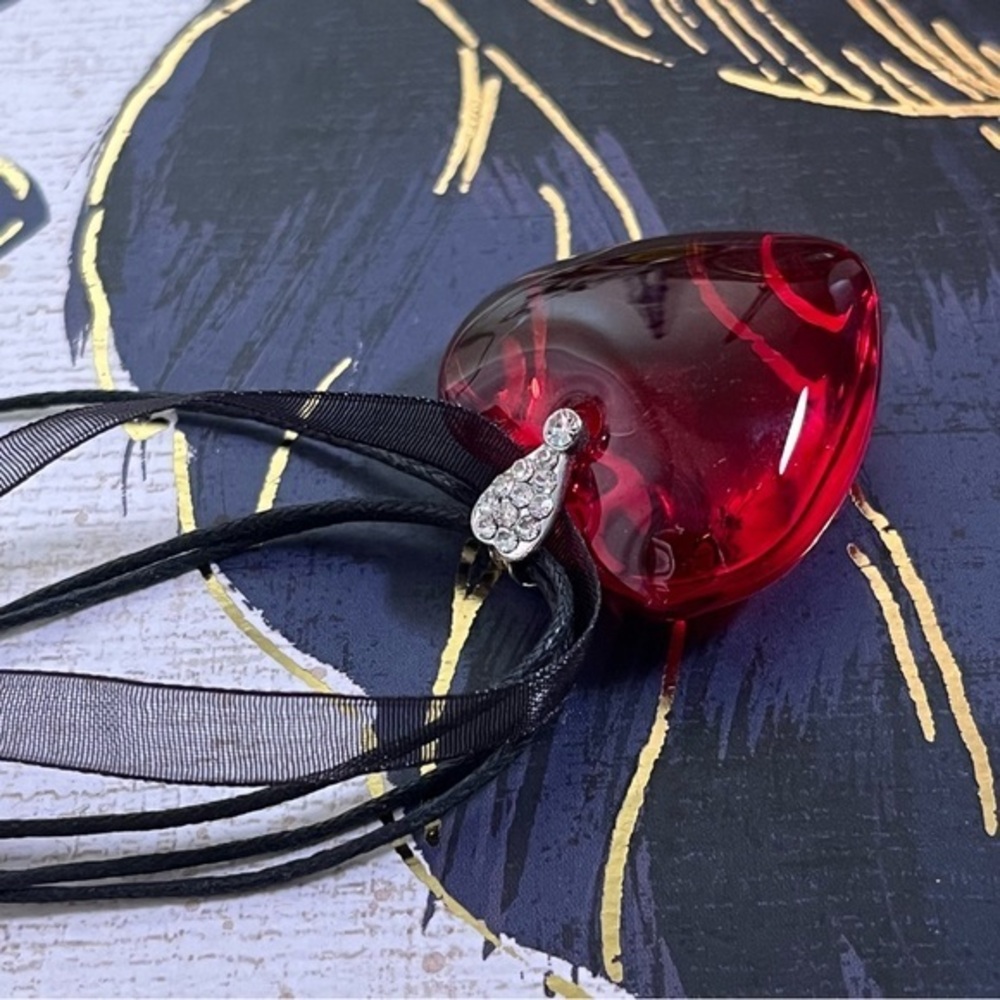 Vintage 1990s red glass heart CZ black Gothic sheer ribbon with silver necklace